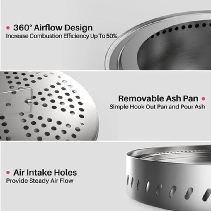 Focar de exterior Corenia QRE-2105583, vatra fara fum din otel inoxidabil, design 360° pentru circulatie aer, tava de cenusa detasabila, husa/geanta impermeabila, 19,5 inch (≈50 cm), pentru camping si gradina