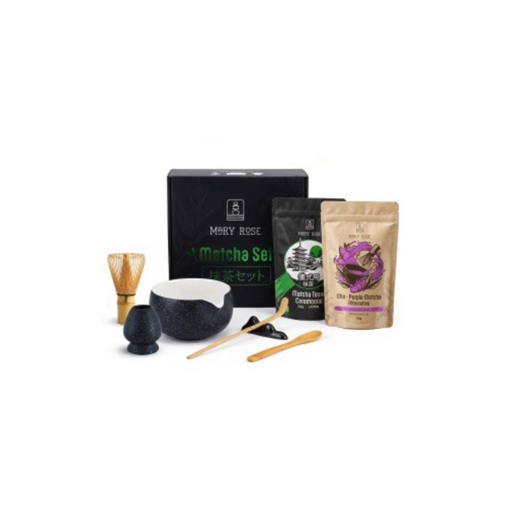 Комплект Чай Matcha, Mary Rose, Церемониален Зелен Чай Матча Tenno BIO, Purple Ube, Керамична Купа Матчаван Kurai, Поставка Kusenaoshi, Комплект Бамбукови Аксесоари, Поставка Chashaku-Oki, 80 g