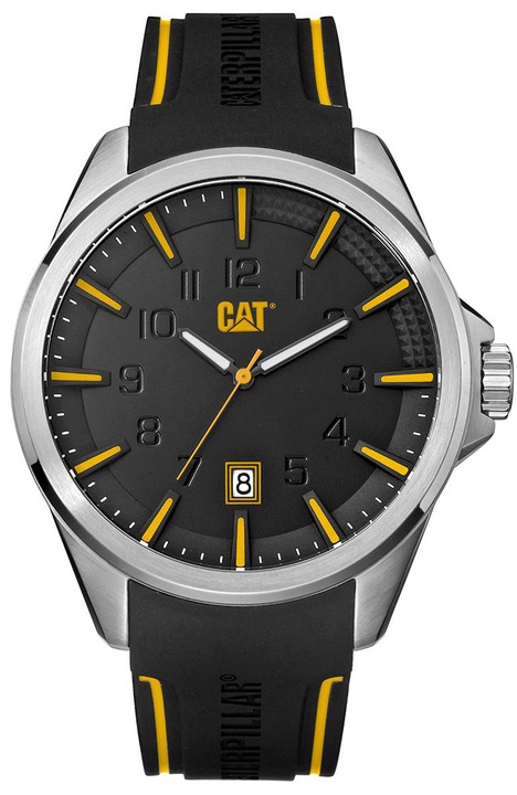 CATERPILLAR, Мъжки часовник от неръждаема стомана с каучукова каишка, черен циферблат с жълти акценти, 10442156, черен/жълт