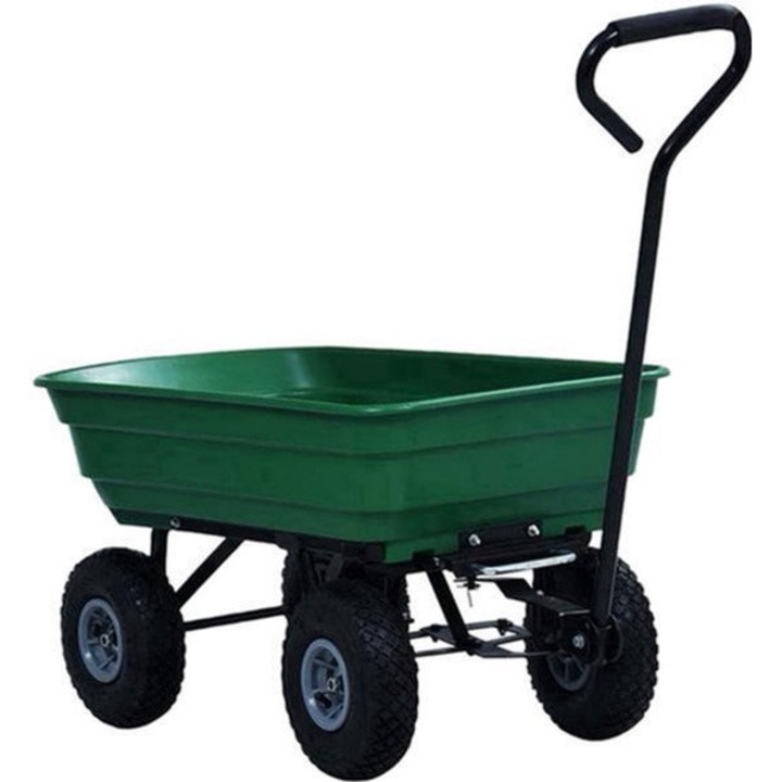 Carucior de gradina basculant Corenia QRE-2107233, 75 l, capacitate 300 kg, cadru din otel, cuva din poliester, roti pneumatice, verde