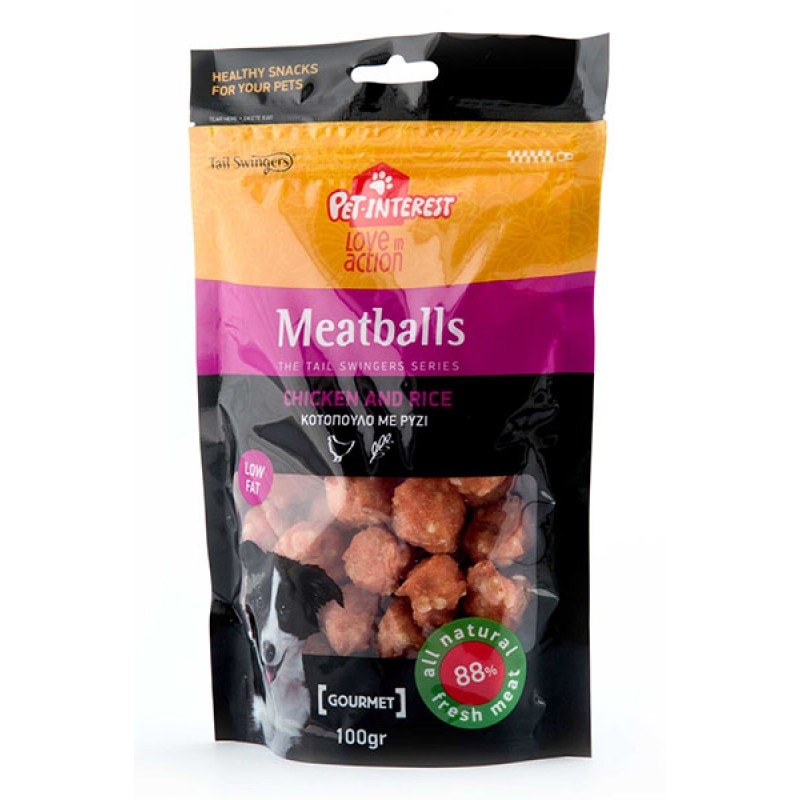 Recompense pentru caini, Tail Swingers, mingi de carne cu pui si orez, 100 g