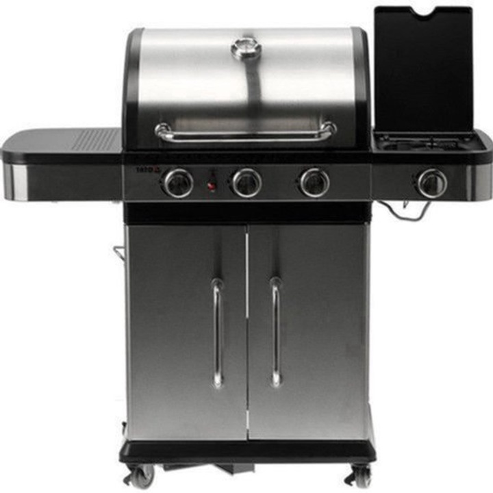 Grill pe gaz Corenia QRE-2108827, 3+1 arzatoare, inox, 11,2 kW, arzator lateral, dulap cu roti, termometru, argintiu/negru