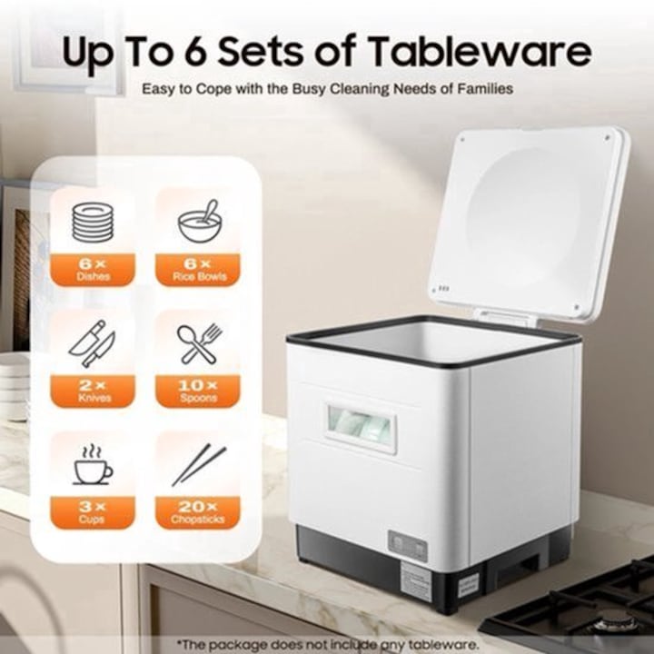 Masina de spalat vase compacta de masa Corenia QRE-2109733, 1500W, 220V, capacitate 41-60 L, alb, cu cos pentru tacamuri