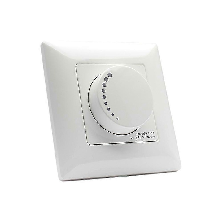 Dimmer rotativ incastrat FU-K0276-20260907-5824, cu tehnologie trailing edge, 5–300W, compatibil cu becuri LED dimabile/CFL/incandescente, push on/off cu memorie, alb