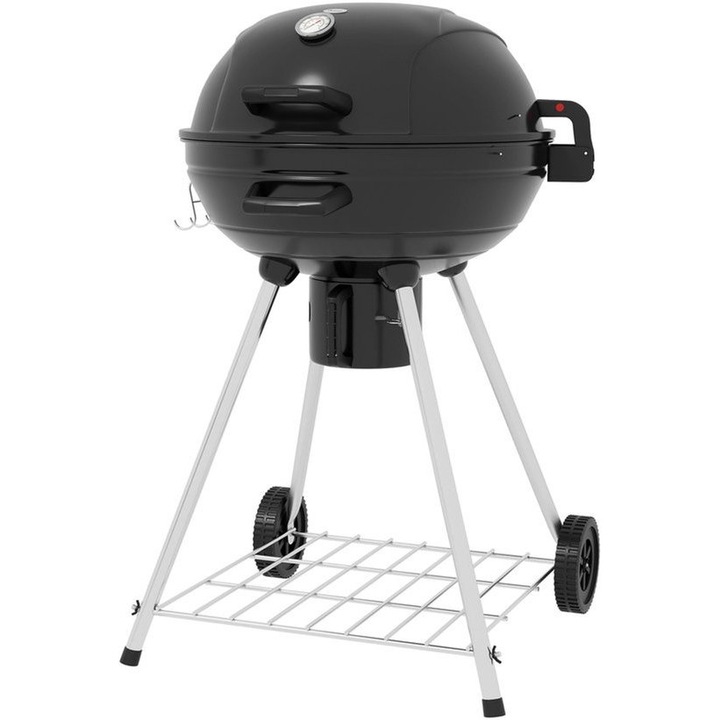Gratar pe carbune Corenia QRE-2110532, tip kettle (ball), diametru 54 cm, termometru incorporat, raft pentru mentinere caldura si tava pentru cenusa, negru, 55 x 65 x 89 cm