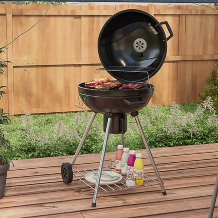 Grill pe carbune Corenia QRE-2110626, gril 54 cm, termometru incorporat, raft incalzire, tava pentru cenusa, raft depozitare, negru, 55 x 65 x 89 cm