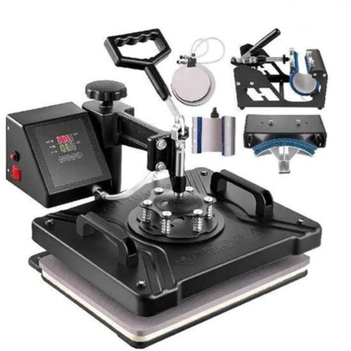 Presa termica 5-in-1 Corenia QRE-2111033, 12x15 inch (29x38 cm), 1200W, swing-away 360°, panou LCD digital, pentru tricouri, cani, sepci si farfurii, negru