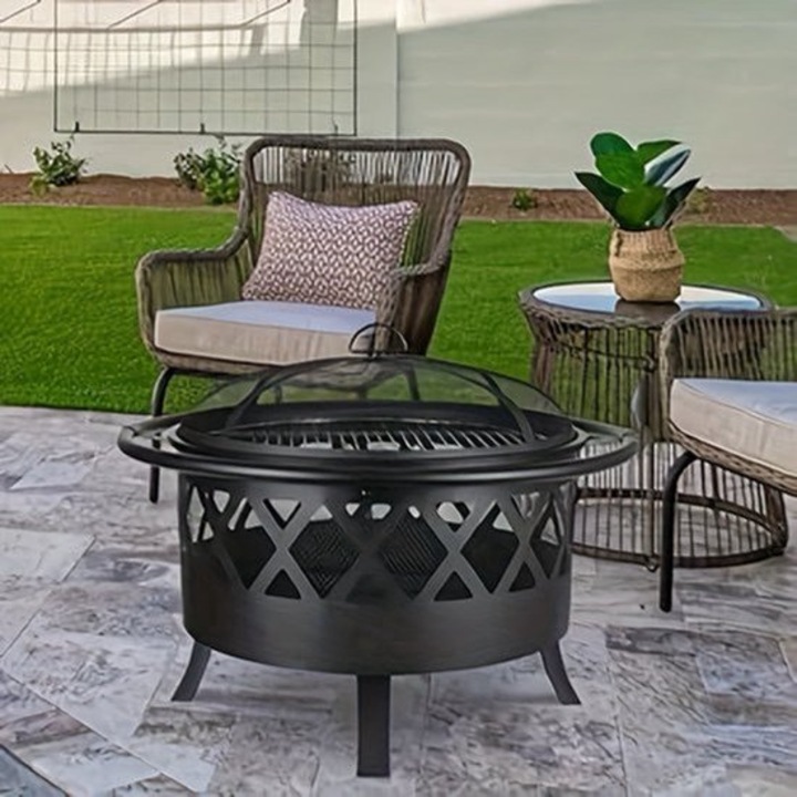 Focar de gradina Corenia QRE-2111051, O81 cm x 56 cm, gratar 58 cm, protectie pentru scantei, poker lemn, otel rezistent la caldura, cu 4 picioare, negru