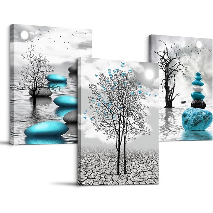 Set de 3 tablouri pe panza B0CSFQYYH7, triptic modern, imprimare digitala pe panza UV rezistenta, alb-negru/turcoaz