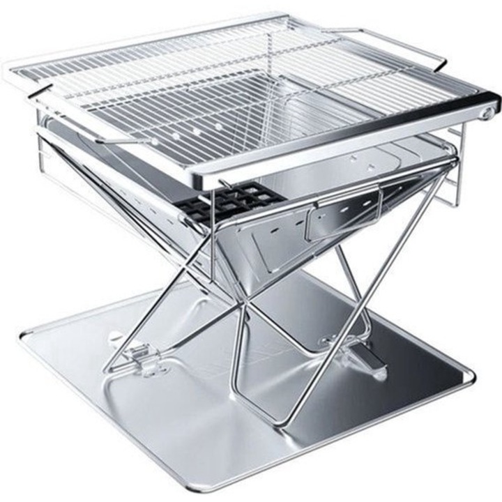 Gratar portabil pliabil Corenia QRE-2111581, otel inoxidabil, inaltime reglabila 31,2–37 cm, dimensiuni 46,5 x 40,2 x 28 cm, argintiu, include husa de transport