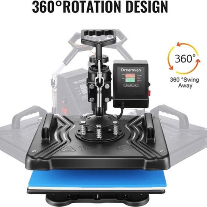 Presa termica 5-in-1 Corenia QRE-4405467, 360° rotativa, panou digital temperatura si timer, pentru tricouri, cani, sepci si farfurii, negru, suprafata 30 x 38 cm