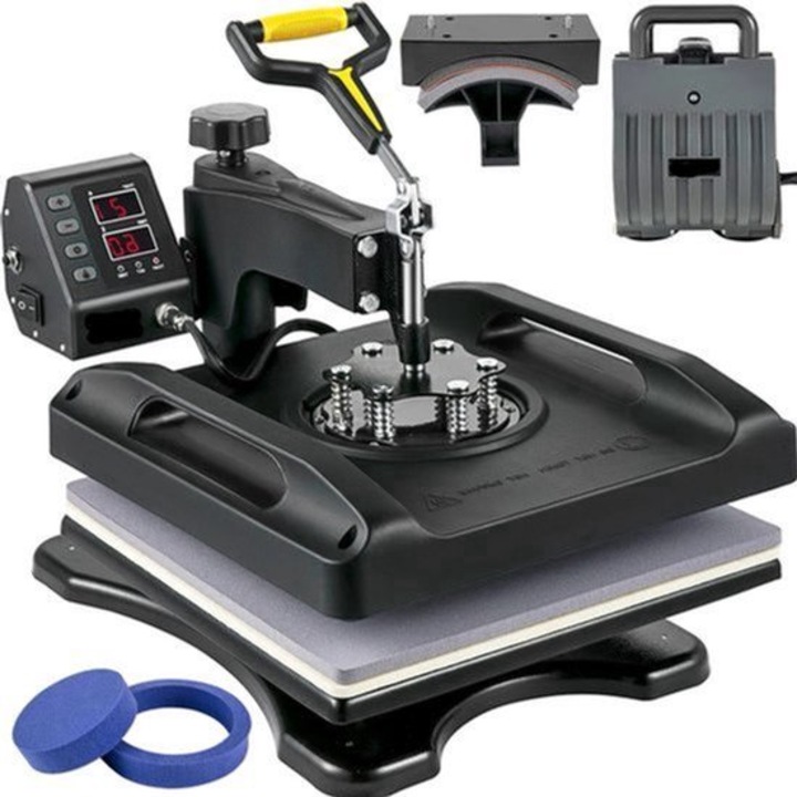 Presa termica 5-in-1 Corenia QRE-2112344, pentru tricouri, sepci si cani, incalzire dublu-tub, swing-away 360°, display digital, 15x15 in, negru