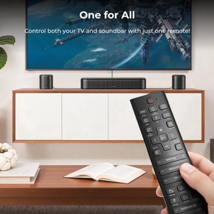 Soundbar Corenia QRE-4429576 7.1 Dolby Atmos 350W cu subwoofer si 4 difuzoare surround, Bluetooth 5.3, HDMI eARC, USB/optical/AUX, negru