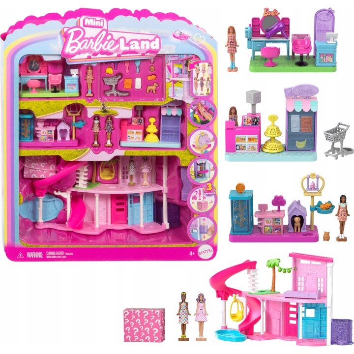 Къщичка на мечтите Barbie Mini, пълен комплект с 3 комплекта за игра, 4 кукли 3.8 см, многоцветен