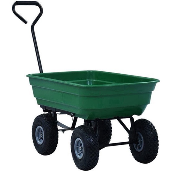 Carucior basculant pentru gradina Corenia QRE-2112810, capacitate 75 l, sarcina 300 kg, cadru metalic, roti pneumatice, verde