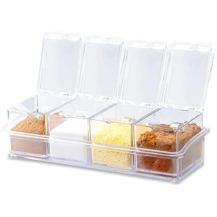 Set de 4 cutii de condimente: 2 seturi cu cutii de condimente 4 in 1, borcane patrate pentru condimente cu lingurite, borcane transparente din plastic pentru sare si piper, recipient de bucatarie