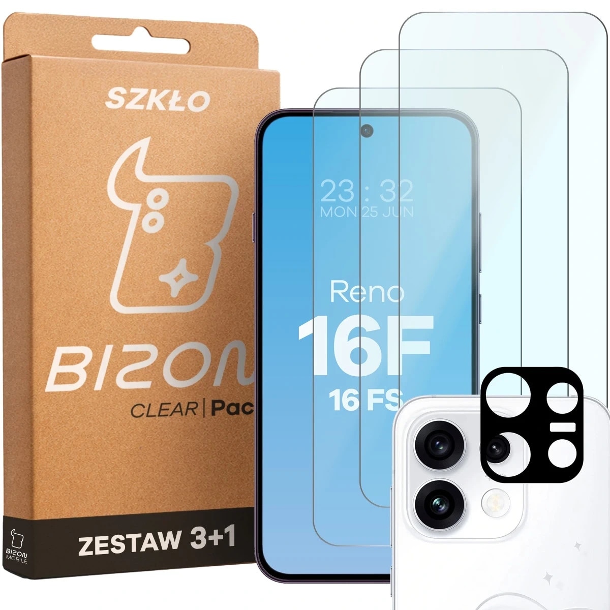 Set protectie 4in1 Bizon Glass Clear Pack, 3 folii sticla ecran + 1 folie sticla camera foto, compatibil cu Oppo Reno 16 F / 16 FS, Transparent