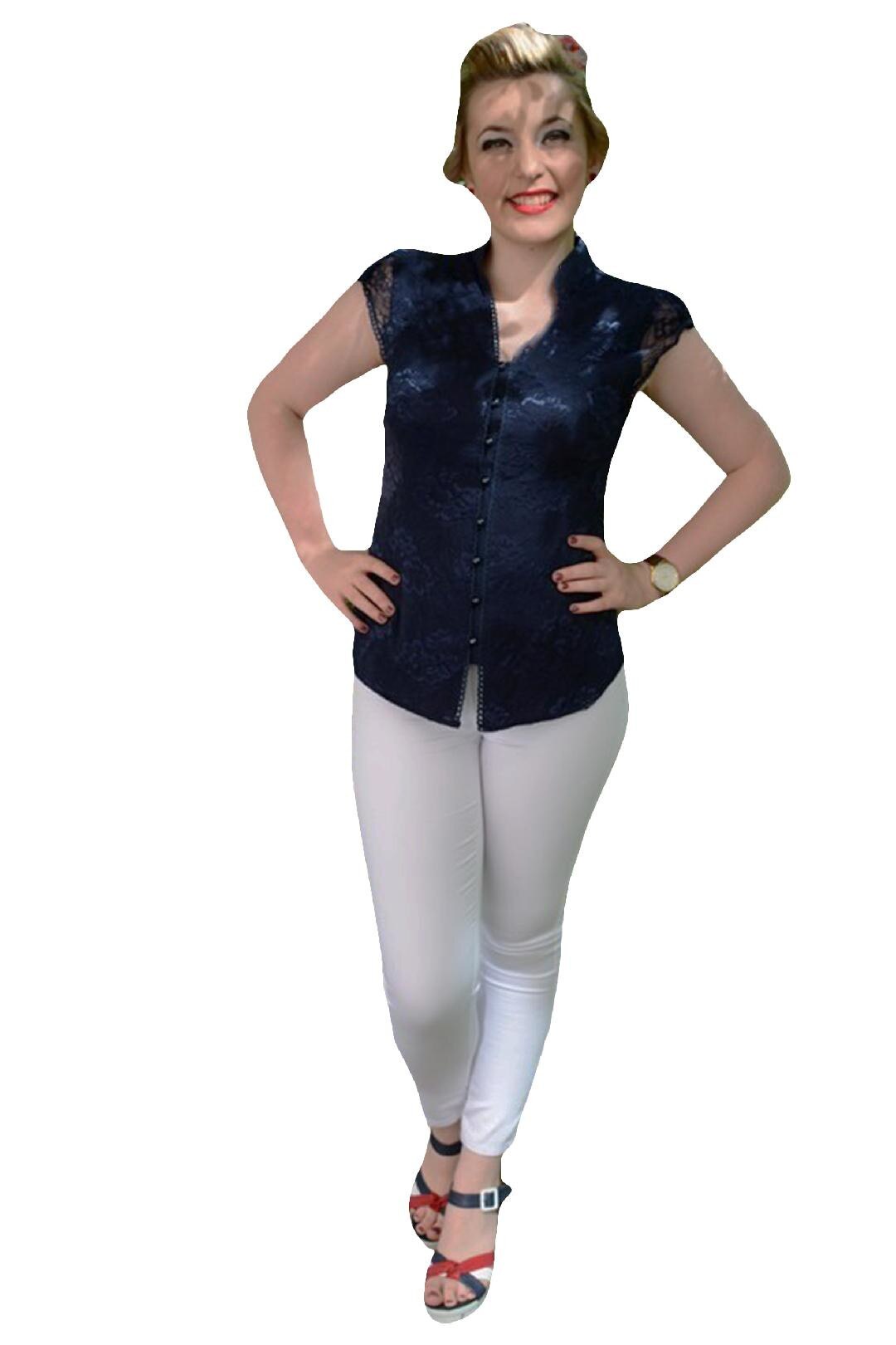 Camasa usor elastica cu dantela aplicata, D&J EXclusive, Albastru marin