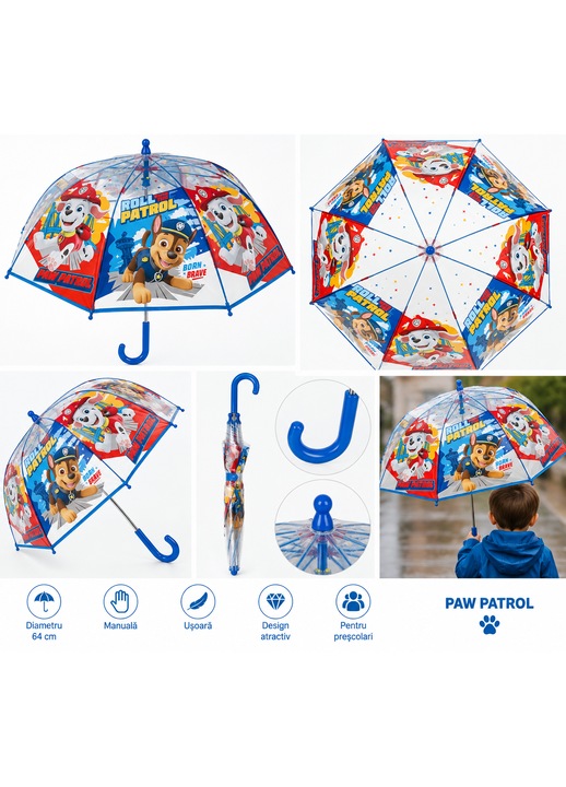 Umbrela pentru Copii Paw Patrol, Transparenta, Tip Baston, Deschidere Manuala, Umbrela de Ploaie pentru Copii, Model Patrula Catelusilor, 64 cm