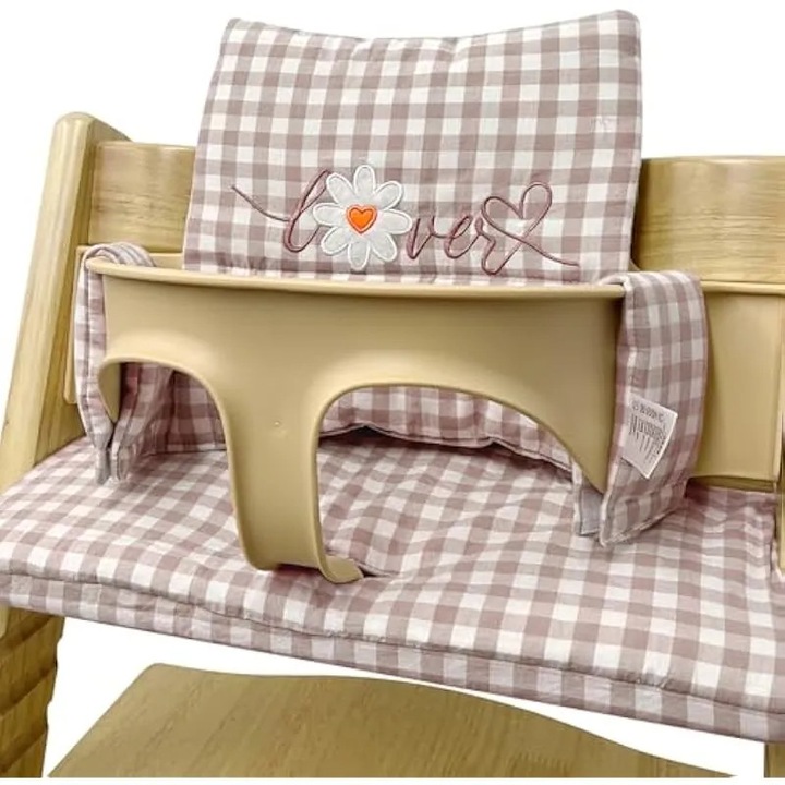 Комплект възглавници за столче за хранене, съвместими със Stokke Tripp Trapp, памук с ламиниран слой, принт каре с маргаритки, розов/бежов, код K0584-CJ-260908-2584