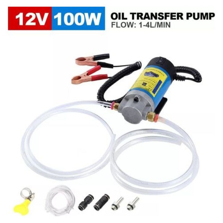 Pompa transfer ulei MO-k0509--260908-564 12V 100W, debit 1-4 L/min, pompa cu angrenaje, include 2 furtunuri (6x800 mm, 8/10x1000 mm), albastru/negru