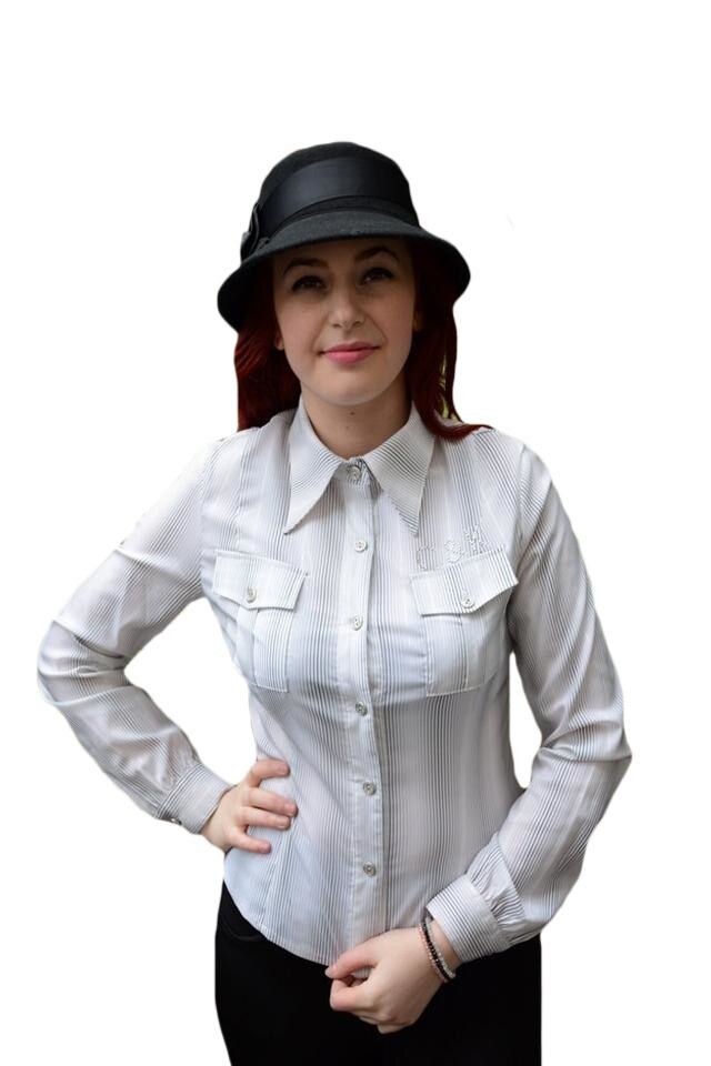 Camasa moderna cu design dungat, strasuri, D&J Exclusive, Alb