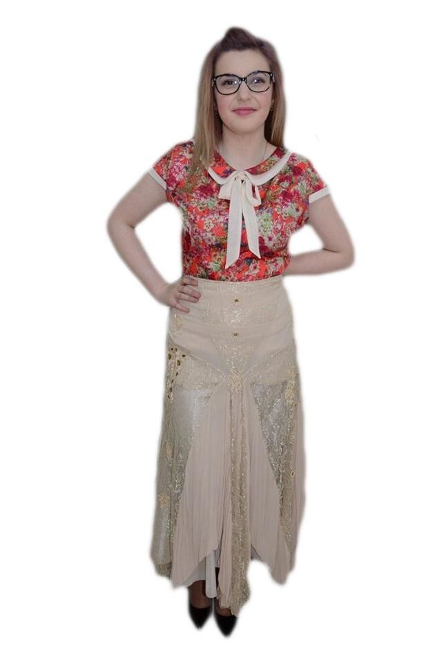 Fusta eleganta, dantela aplicata, D&J Exclusive, Bej