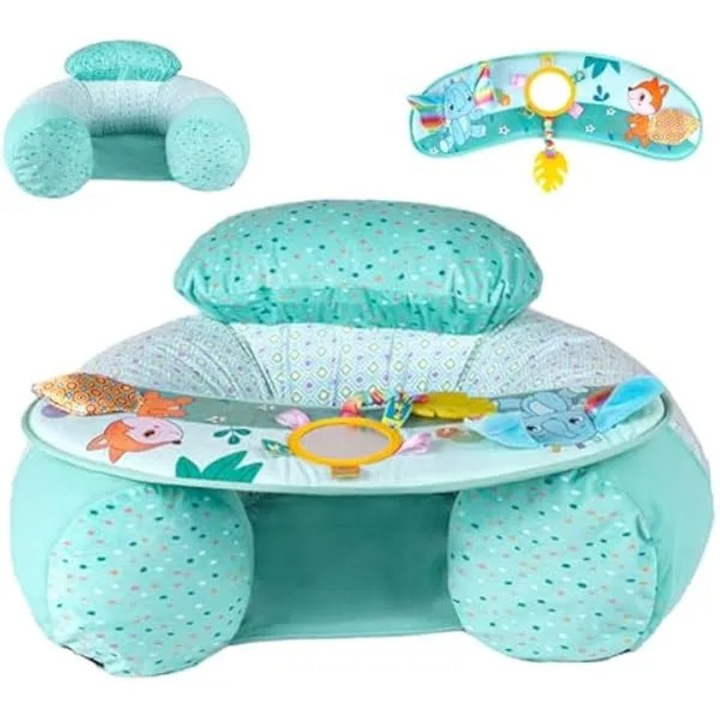 Scaun de podea pentru bebelusi K0569-260908-2698-AMC, cu tava senzoriala elefant, sezut elastic moale si suport posterior, baza antiderapanta, menta