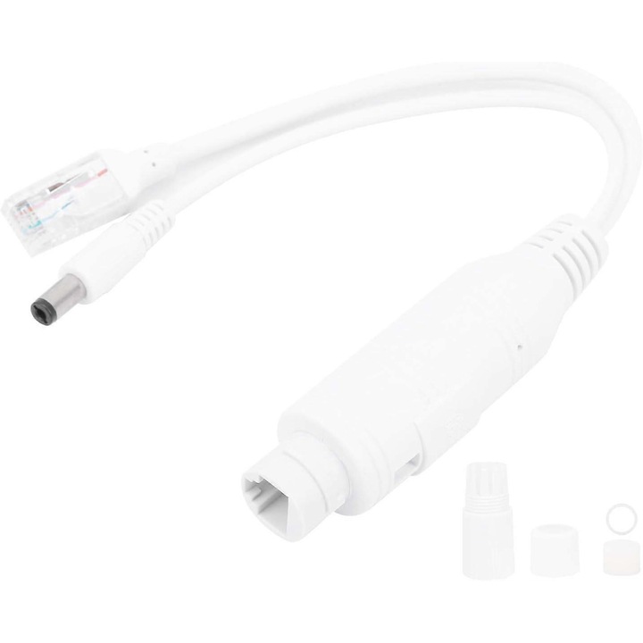 PoE адаптер 48V към 12V FQ-K0276-20260908-1819, PoE сплитер IEEE802.3af/at, 15 W, защита 48–52 V, с DC конектор и RJ45, бял