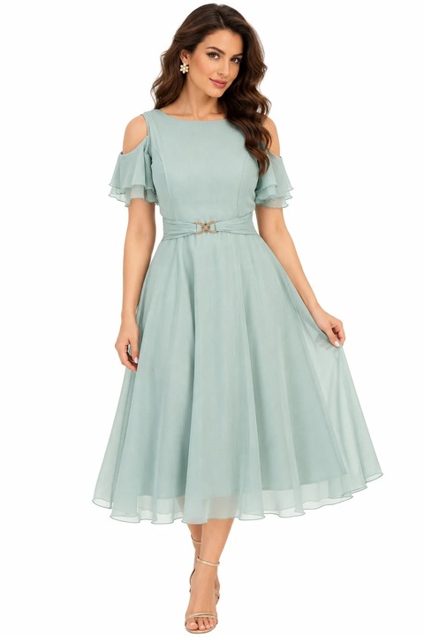 Rochie Eleganta Midi StarShinerS cu Umeri Decupati si Volane, Ментол