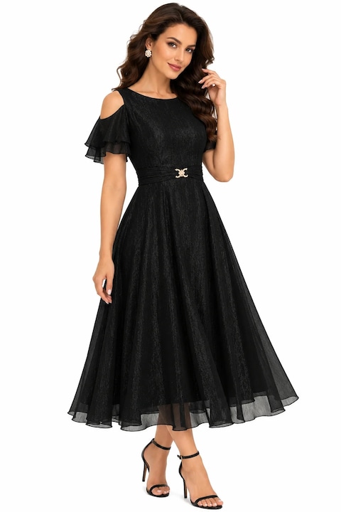 Rochie Eleganta Midi StarShinerS cu Umeri Decupati si Volane, Черен