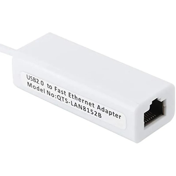 Адаптер USB 2.0 към Ethernet micro USB–RJ45 QTS-LAN8152B / K0588-CJ-260908-3501, 10/100 Mbps, съвместим с USB 1.0/1.1/2.0/3.0, бял