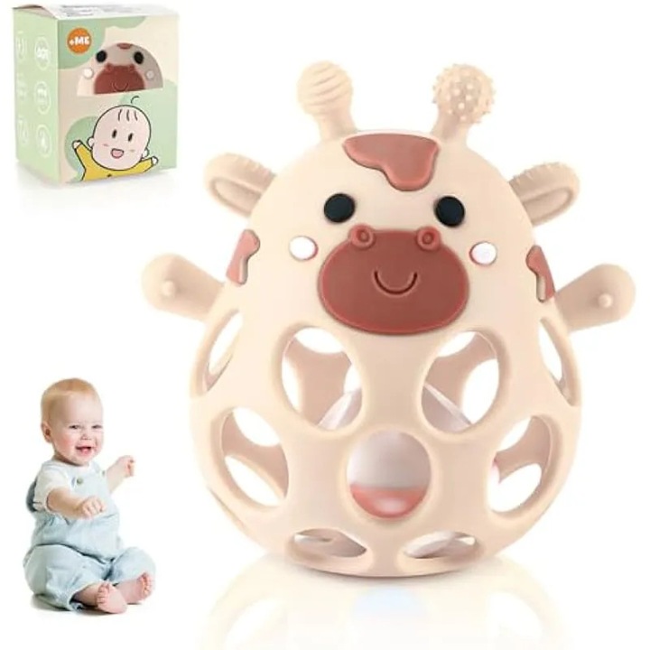 Играчка за зъби от силикон K0588-CJ-260908-3857, във формата на перфориран жираф с дрънкалка и текстурирани повърхности, бежов