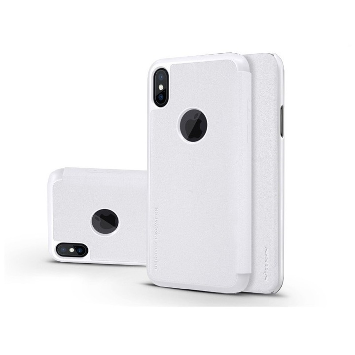 Apple iPhone X oldalra nyíló flipes tok - Nillkin Sparkle Logo - fehér