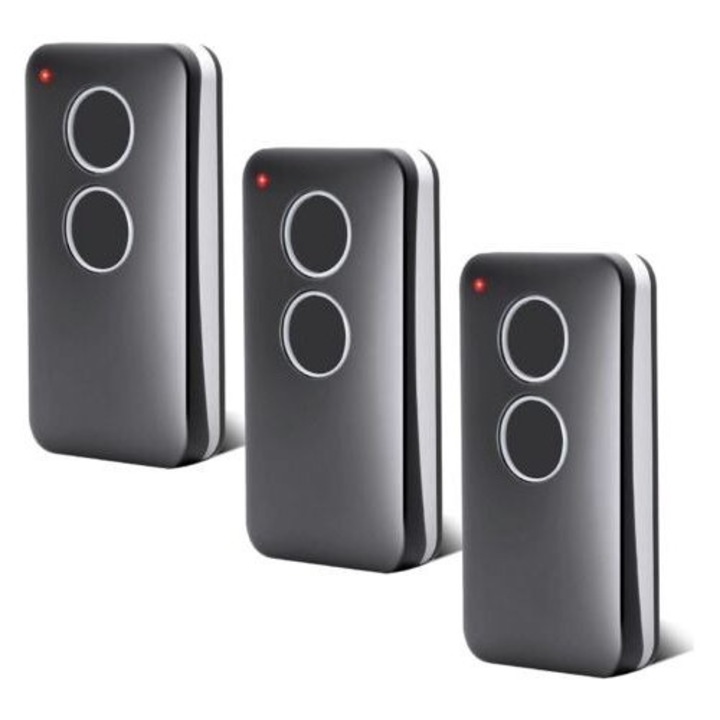 Комплект от 3 дистанционни управления за гаражни врати MANO-k0504-260909-701, съвместими с V2 PHOX2/PHOX4/TRC/TRC4, 433.92 MHz, 2 канала, програмиране чрез клониране, черен