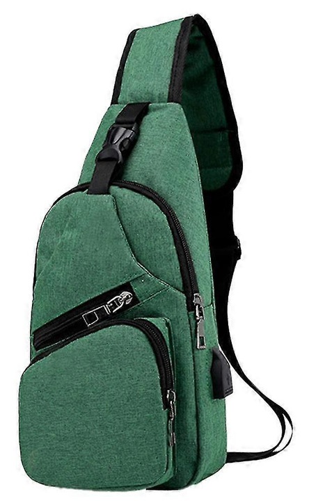 Чанта за през рамо тип chest bag от текстил, множество джобове с цип, USB порт за power bank, регулируема презрамка, тъмнозелен, CJ-FU-K0384-260907-372