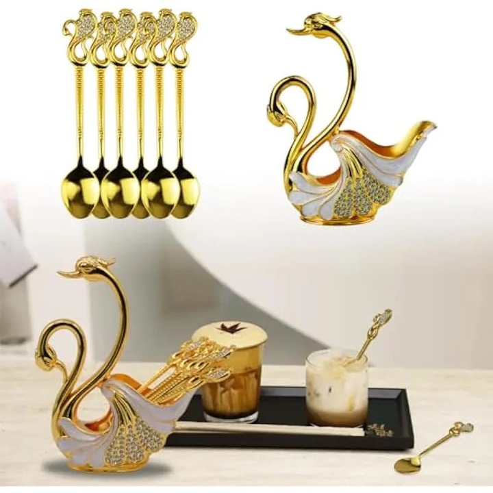 Set de 6 lingurite de cafea, Set de lingurite de desert cu suport decorativ in forma de lebada, Set de lingurite din otel inoxidabil in forma de lebada pentru cafea (lebada cu doua capete de diamant)