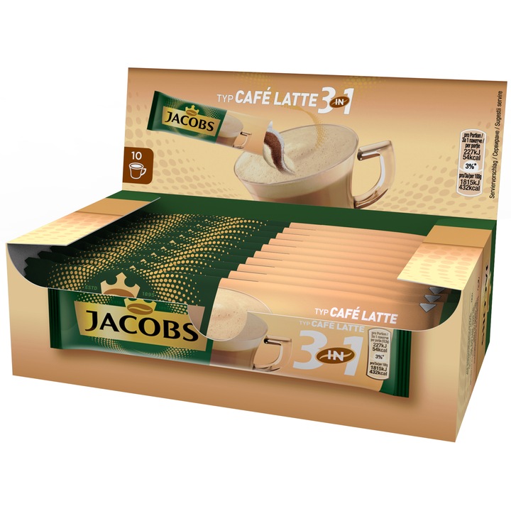 Cafea instant Jacobs 3 in 1, Café Latte, 12.5 g x 10 plicuri