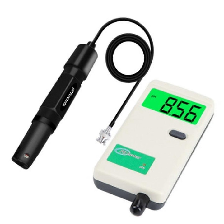 Цифров pH метър FU-K0276-20260909-6214, дисплей с подсветка, обхват 0.00-14.00 pH, резолюция 0.01 pH, точност ±0.1 pH, сменяем електрод, ръчно калибриране, захранване DC 9V, черно/бял