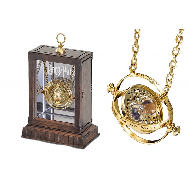 Set Medalion Harry Potter Clepsidra Time Turner Hermione + Cutie de lemn, Auriu