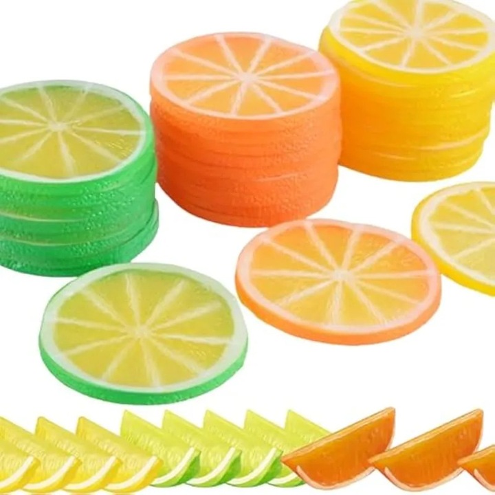 Felii de lămâie artificiale din PVC, set 37 buc, galbene și verzi, pentru decorare, reutilizabile