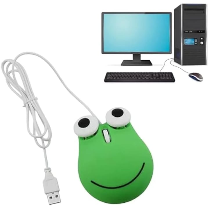 Компютърна мишка с USB кабел, геймърска мишка, ергономична мишка с кабел, зелена форма на жаба, мишка за лаптоп