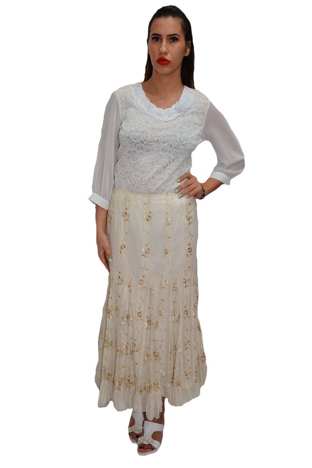 Fusta rafinata, imprimeu cu flori fine aplicate, D&J Exclusive, Crem, 50