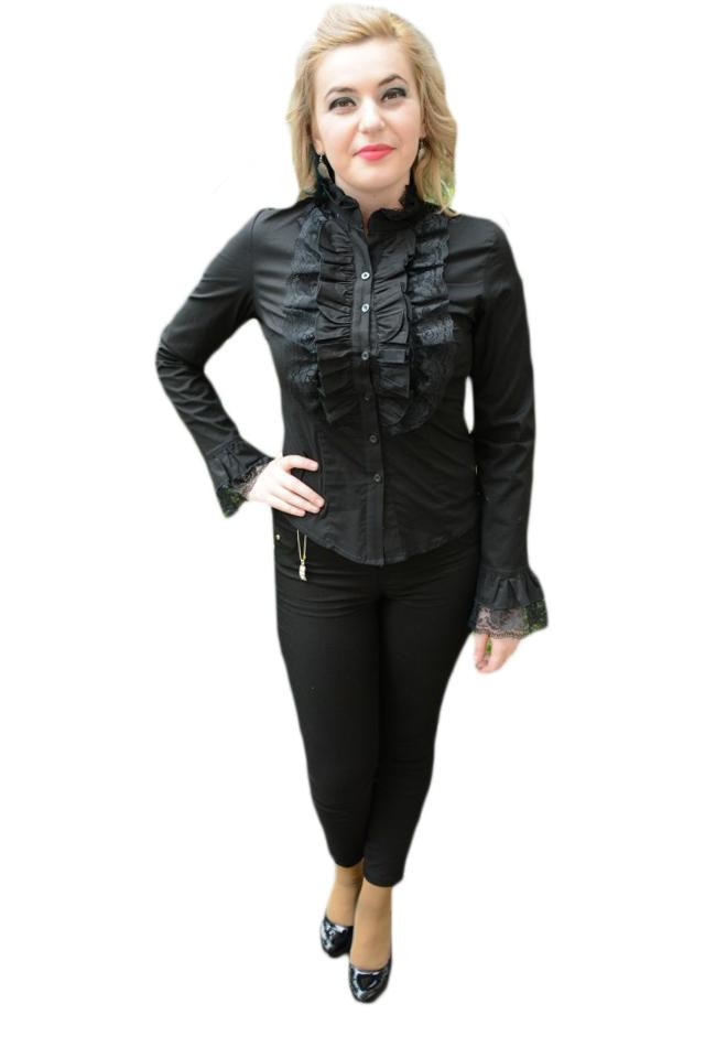 Camasa cu design dantelat, guler rusesc, D&J Exclusive,, Negru
