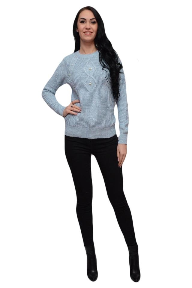 Bluza calduroasa cu insertii de perle albe, D&J Exclusive, Albastru