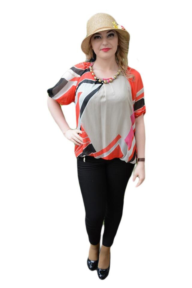 Bluza din voal, cu model nonfigurativ, D&J Exclusive, Negru/Rosu