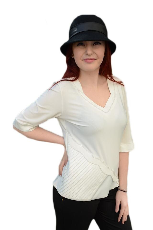 Bluza de ocazie cu pliseuri, strasuri, D&J Exclusive, Alb