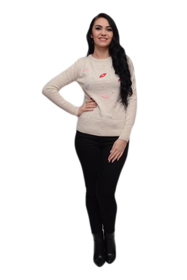 Bluza feminina cu broderie si margele, D&J Exclusive, Bej