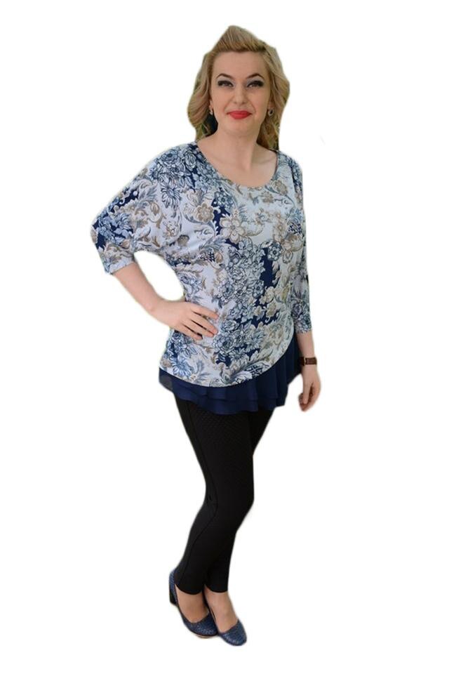 Bluza de zi, cu design modern, imprimeu floral, D&J Exclusive, Albastru marin