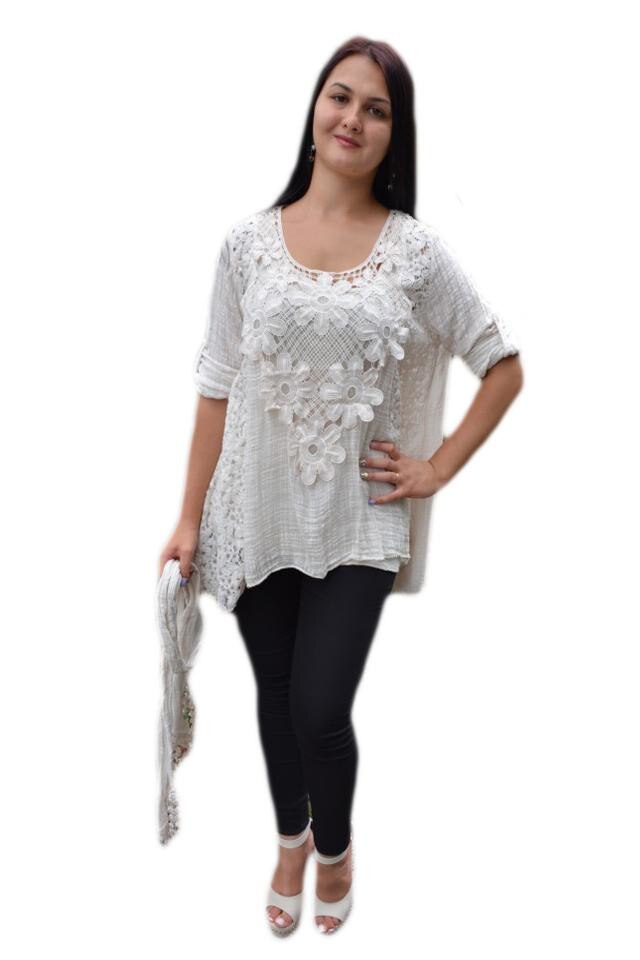 Bluza vaporoasa de vara, brodata, aspect creponat, D&J Exclusive, Bej